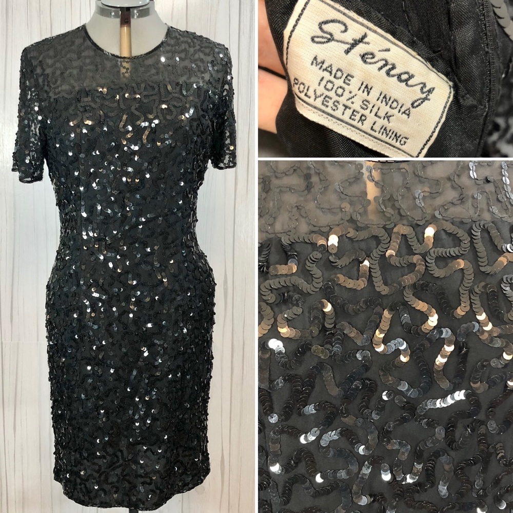 Vintage Stenay Black Sequin Beaded Illusion Dress